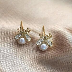 Gold Honeybee Stud Earrings | Cute Bumble Bee & Pearl Studs for Women & Teens